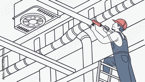 Maintenance Worker Repairing Pipes and Air Conditioning Unit Vector Illustration Design