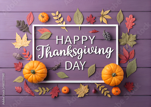 happy thanksgiving day text in square shape frame and pumpkins and leaves on light purple wooden background