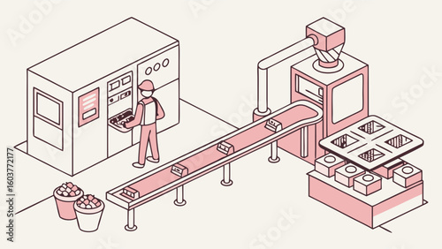 Minimalist factory line vector with worker operating controls and automated processes for production in industry