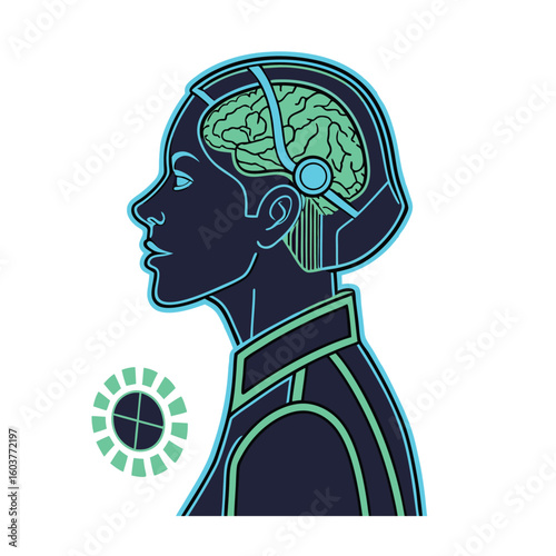 Conceptual illustration of human brain augmentation, depicting advanced neuro-technology interfacing with the mind, symbolizing artificial intelligence, future science, and cognitive enhancement.