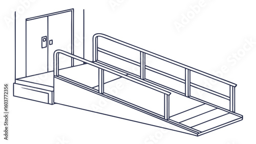 Minimalist illustration of a wheelchair ramp and building entrance for accessibility and universal design