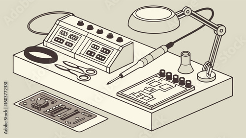 Minimalist Illustration of Electronics Workbench Tools and Equipment for Repair and Assembly
