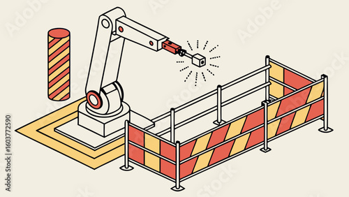 Minimalist Isometric Vector Illustration of a Robotic Arm in a Construction Zone Process 200 characters maximum
