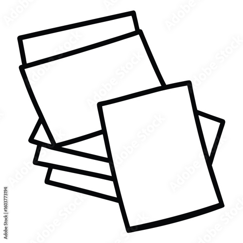Minimalist line art icon of a fanned stack of blank paper sheets, symbolizing documents, files, or office paperwork