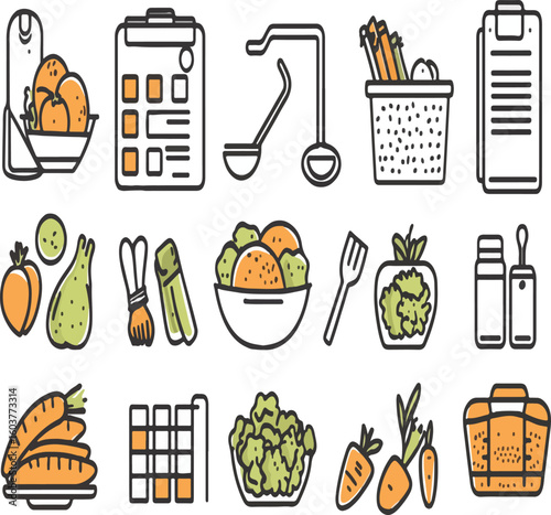 A collection of food preparation and planning icons with vegetables and kitchen tools depicted