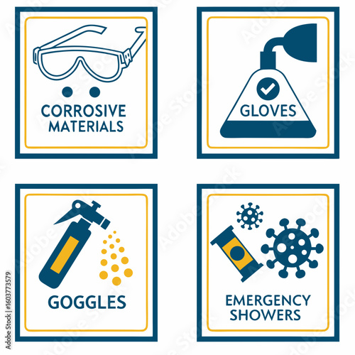 Safety Icons: Corrosives Hazards Protection Gear Goggles Emergency Showers Illustrated Vector Graphics for Signage