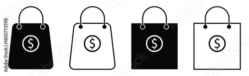 Shopping Bag Icon Set with Dollar Coin – E-commerce, Retail, Purchasing Power, and Financial Exchange Vector illustration.
