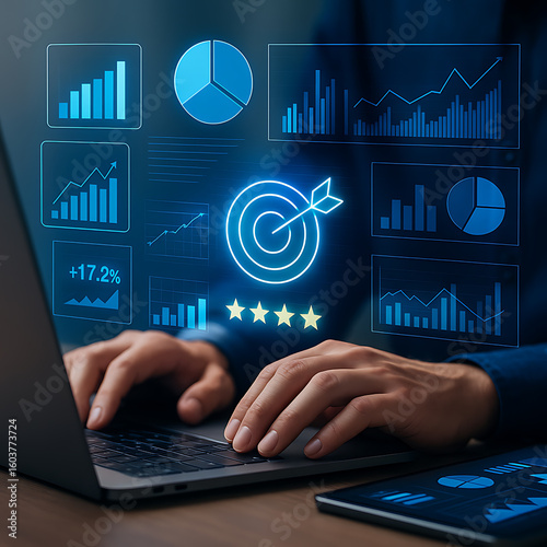 Business professional analyzing performance dashboards with growth charts, data reports, and target metrics on futuristic interface