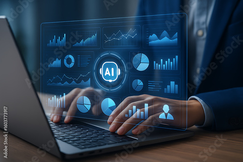 Business professional analyzing AI-powered data dashboards on laptop with futuristic charts and graphs for performance insights