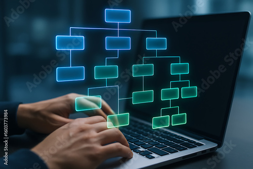 Business professional creating a digital flowchart on a laptop with glowing holographic hierarchy structure for planning, analysis, or system design