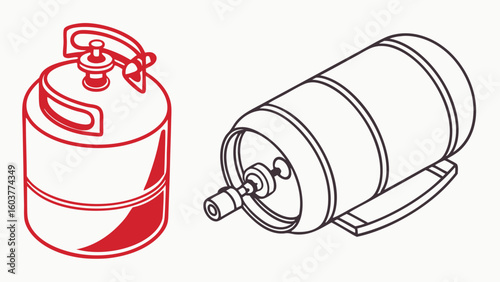 Vector illustrations of gas cylinders for industrial and commercial use in red and black outlines