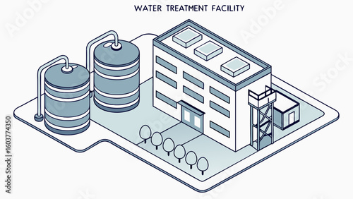 Vector illustration of water treatment plant isometric view showing infrastructure