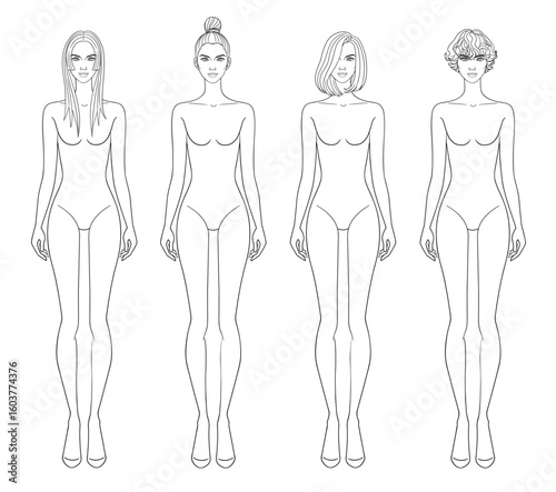 Fashion outline sketch croquis figurines female body with different hairs in vector.