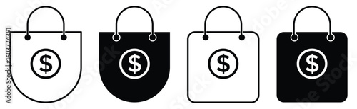 Shopping Bag Icon Set with Dollar Coin – E-commerce, Retail, Purchasing Power, and Financial Exchange Vector illustration.