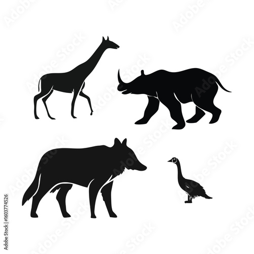 Silhouette Collection of Wildlife Animals Including Giraffe Rhinoceros Wild Boar and Duck