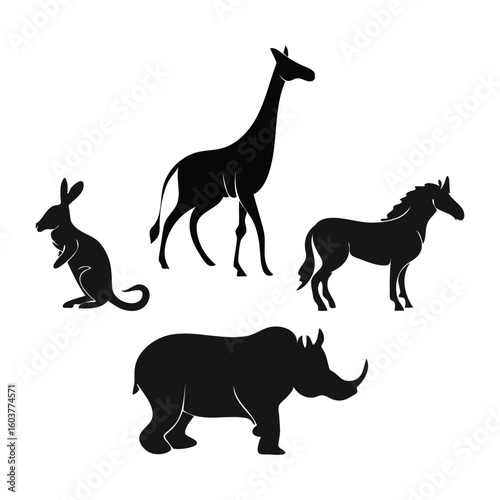 A group of African safari animals including a rhino giraffe horse and kangaroo