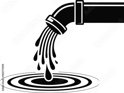 Black and white illustration of water flowing from a pipe into ripples