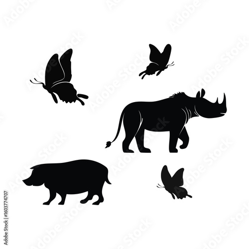 Silhouettes of a Rhinoceros a Wild Boar and Three Butterflies in Motion
