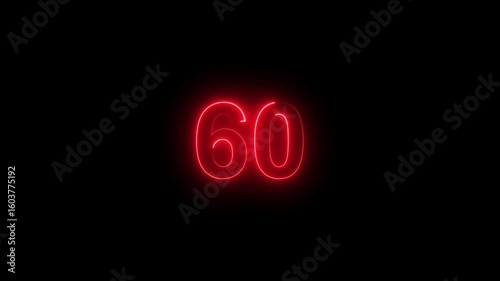 60 number countdown neon bright red color animation. black background 4k video.