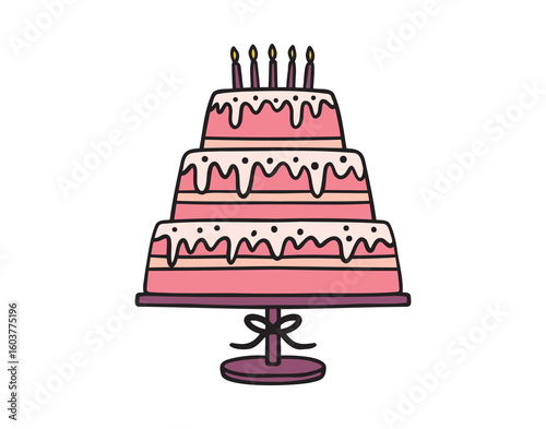 Pink layered birthday cake with candles for party celebration