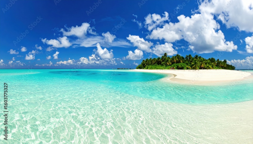 Fototapeta premium Turquoise waters meet white sand beach under a bright blue sky with fluffy clouds