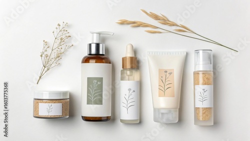 Natural skincare products arranged with dried flowers on white background