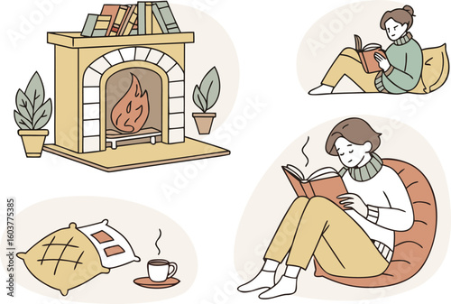 Cozy hygge scene people enjoying books and warmth by a fireplace with coffee and pillows