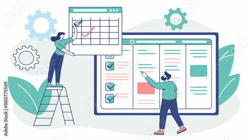 Vector template illustrating project management with task boards, team scheduling, digital planning tools, and productivity tracking.

