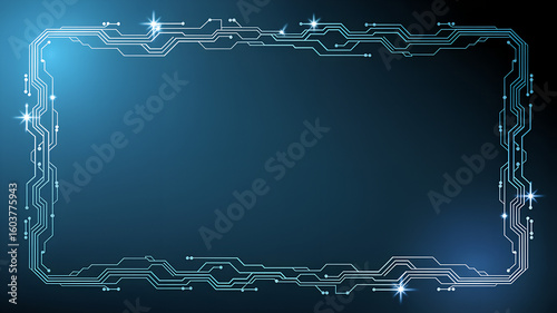 
Abstract image of a high-tech circuit board with glowing neon blue lines,Abstract technology frame made of circuit board,Digital circuit board frame with bright blue light and bokeh effects on a dark