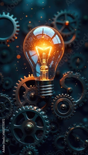 A lightbulb illuminates a complex network of interconnected gears, symbolizing the brilliance of innovative thinking and the intricate process of developing sound strategies , solution, technology