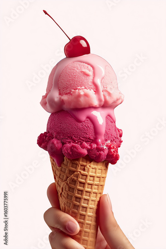Hand holding a double scoop ice cream cone with cherry on top and pink drizzle on a white background