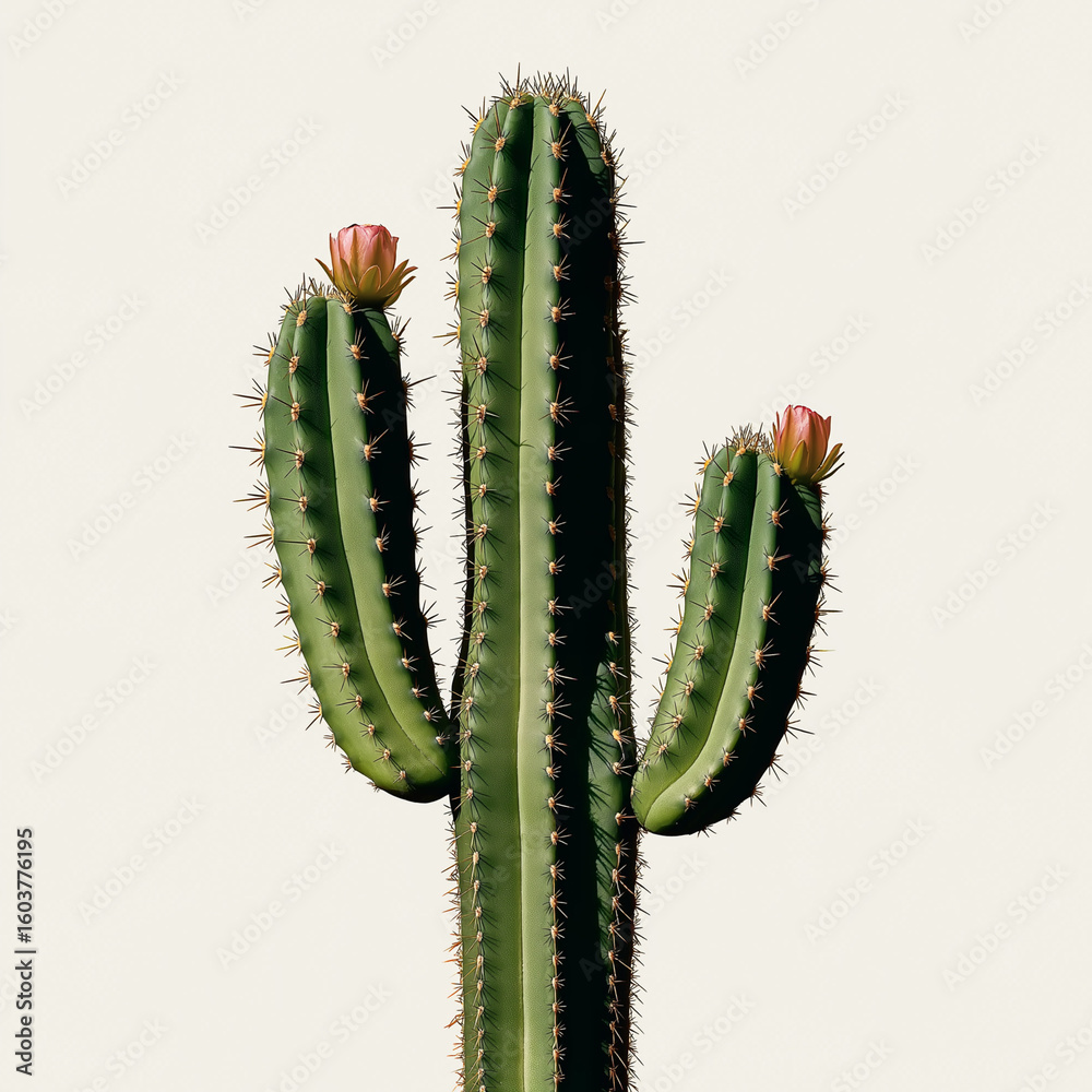 A close up of a green cactus with two pink flowers blooming against a plain white background scene shot A close up of a green cactus with two pink flowers blooming against a plain white background scene shot
