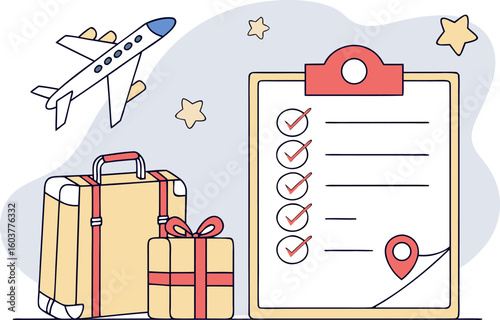 Travel preparation checklist with airplane suitcase gift and map marker symbolizing vacation planning and successful trip completion
