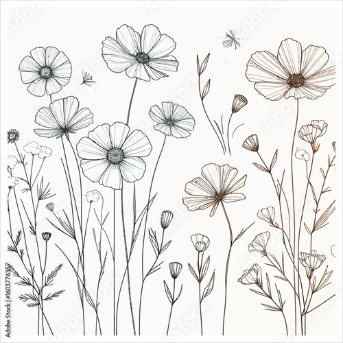 Vector art of elegant wildflowers line art on white background