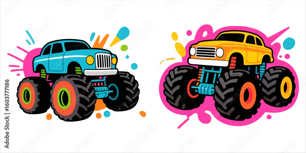 Fototapeta premium Vector art of two colorful monster trucks with graffiti backgrounds