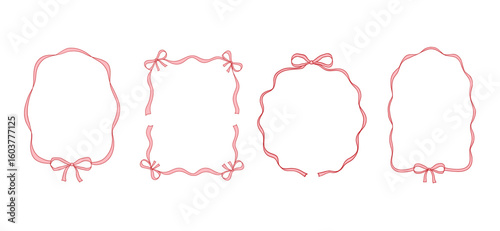 Hand drawn ribbon and bow with whimsical frame for cute valentine card or vintage wedding menu. Decorative border and pink line by coquette style.