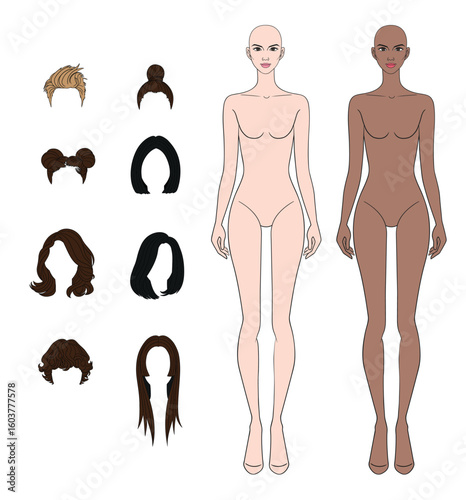 Mix and match Colored skin tones fashion croquis figurines female body with different hairs in vector.
