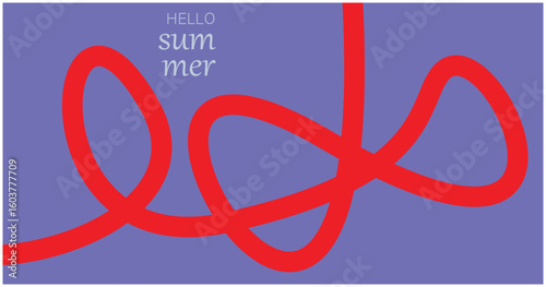 Bold red abstract summer line art on purple background. Minimal modern swirl design for seasonal promotions, digital media, posters, banners, and creative layouts with vivid contrast.
