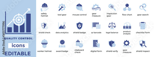 Editable quality control vector icons with clean line art, perfect for manufacturing, inspection, and compliance visuals.