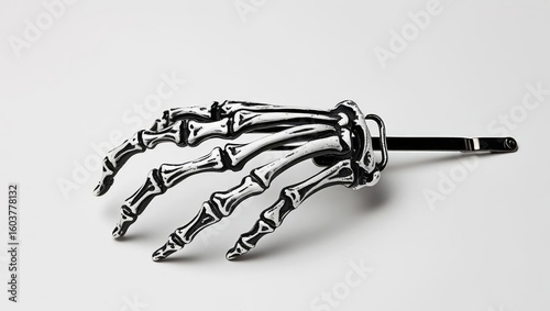 halloween shopping accessories. A skeletal hair clip designed in the shape of a hand, featuring intricate bone detailing and a shiny metallic finish.