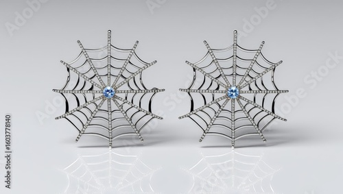 halloween shopping accessories. Two intricate spider webs displayed on a reflective surface, showcasing delicate patterns and craftsmanship.