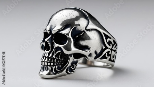 halloween shopping accessories. A detailed silver skull ring featuring intricate designs, embodying a gothic and edgy aesthetic.