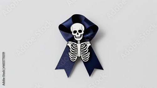 halloween shopping accessories. A decorative ribbon featuring a skull and bones design, combining elements of humor and spookiness in a unique style.