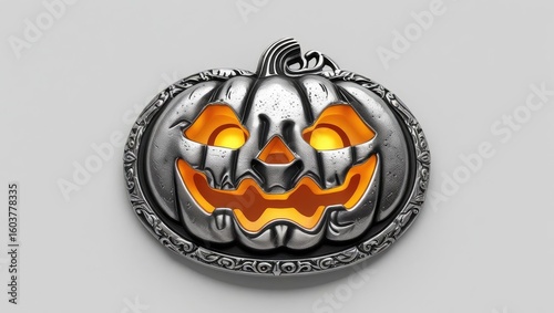 halloween shopping accessories. A detailed silver pumpkin decoration with a carved face, featuring glowing orange eyes and a mouth, suitable for Halloween themes.