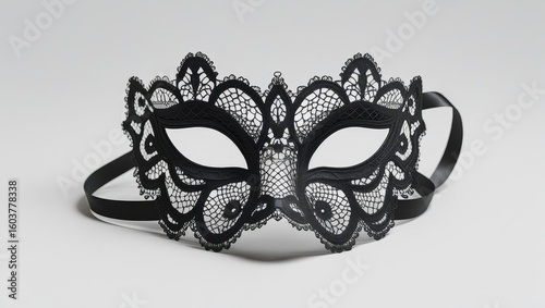 halloween shopping accessories. A delicate black lace masquerade mask with intricate designs, set against a neutral background.
