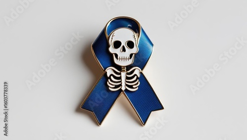 halloween shopping accessories. A skull and skeleton design incorporated into a blue ribbon pin, symbolizing awareness or remembrance.