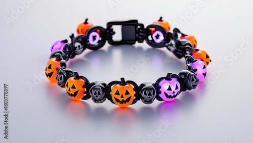 halloween shopping accessories. A colorful Halloween-themed bracelet featuring pumpkin and skull designs, perfect for festive occasions.