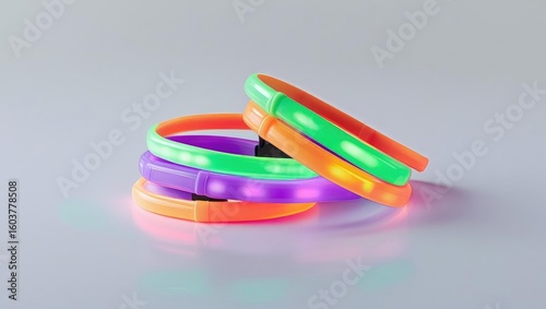 halloween shopping accessories. Colorful glowing bracelets stacked together, showcasing vibrant neon hues against a light backdrop.