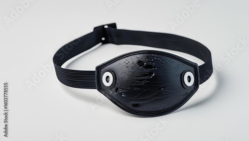 halloween shopping accessories. A black belt with an oval buckle, featuring a textured design and circular fasteners, displayed against a light background.