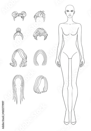 Mix and Match Fashion outline sketch croquis figurines female body with different hairs in vector.